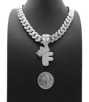 Silver PT Bubble Alphabet F Pendant 16" ~ 24" Iced Cuban Box Lock Chain Necklace