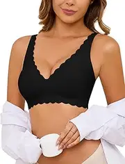 [Yusongirl] Womens Seamless Bra No Underwire Deep V Push Up Bra Wireless Soft Bra Everyday Scalloped Comfort Bralette