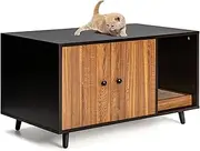Costway Wooden Cat Litter Box Enclosure Bench, Hidden Cat Box Cabinet Furniture w/Doors, Removable Scratch Box, Water & Scratch-Proof, Walnut Cat Washroom House End Table for Indoor