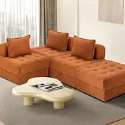 Oikiture Floor Sofa 4 Seater Lounge Chair with Ottoman and Cushion Velvet Sofa Set Brown
