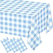 Light Blue Checkered Tablecloth, 54 ×108 Inches Rectangle Blue Disposable Plastic Waterproof Table Cover for Outdoor Picnic, Kitchen, Holiday Birthday Party (3 Pcs)