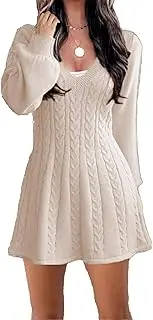 [xxxiticat] Women's Cable Knit Sweater Dress Casual Long Lantern Sleeve V-Neck Twisted Pullover Knitting Swing Mini Dress