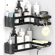 Gabeeriso Corner Shower Caddy,Black Rust-Resistant Adhesive Shower Shelf No Drilling,Soap Holder Shower Caddy 2-in-1,2 Pack Bathroom Shelf with12 Hooks. (L-Shaped Black 2-Pack)