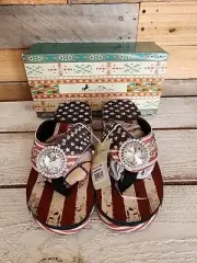 Montana West Silver Studded Red/White/Blue Stars Patriotic Flip Flop Wedge Sz 11