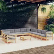 12 Piece Garden Lounge Set with Grey Cushions Solid Pinewood vidaXL