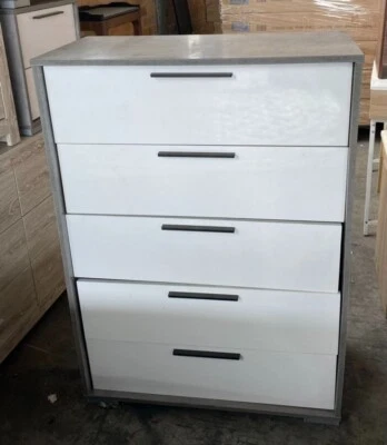 5 Chest Drawer Dresser Glossy white with Acacia & MDF Material Priceworth