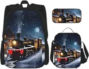 Winter Christmas Snow Night Railway Train Backpack With Lunch Box 3 In 1 Set With Pencil Case, Large Capacity Backpack With Chest Strap