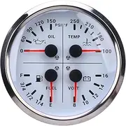 110mm Gauge, 4 in 1 Multifunction Gauge, Fuel Level/Oil PSI (0-150 PSI) / Water Temp (100-250°F) / Voltmeter (8-16V DC), 4 3/8inch Electric Meter for Car Marine Boat (White