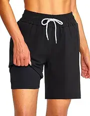 [YGDSX] Women's 7''Long Swim Board Shorts Quick Dry Beach Shorts with Liner Pockets Swimsuits Bottoms Trunks for Women, Black, Large