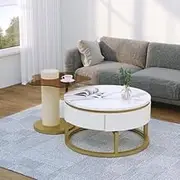 Two-Piece Nesting Coffee Table White ， Versatile Design with Marble Look and Glass Surface, Accent Cocktail Tables End Side Table Accent Cocktail Tables End Side Table