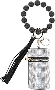 Lipstick Case Keychain with Bead Wristband Leather Diamond Lip Gloss Holder Travel Chapstick Holder Key Chain for Purse Perfume Fingernail Polish Lip Stick