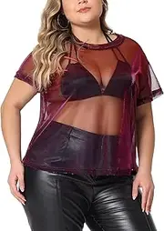 [Agnes Orinda] Plus Size Party Top for Women Sheer Mesh Holographic See Through Sexy Tops Blouse