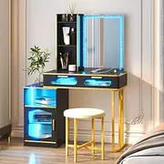 Dystler Vanity Desk with Mirror and Lights for Women, Makeup Vanity with Wireless Charging, Dressing Table with Lighting Mirror for Bedroom (Black)