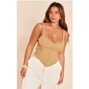 Shape Olive Button Front Scoop Neck Corset Top, Olive