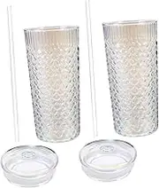 GREENADSCAPE 2pcs Pattern Glass Cups with Lid and Straw Milk Juice and Beverage Drinking Tumbler Lightweight Convenient for Parties and Outdoor Use