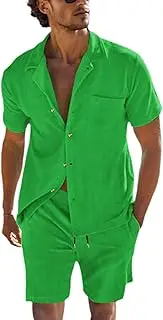 [HanzhuoLG] Men's Tracksuit Set Summer Solid Color Thin Corduroy Short Sleeve Shirt & Drawstring Shorts Two Piece Set X-Large Green