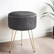 Artiss Ottoman Foot Stool, Velvet Lounge Foot Pouf Make Up Vanity Stool, Vertical Stripe Padded Seat Home Decor Bedroom Hallway Office Living Room, Round Grey