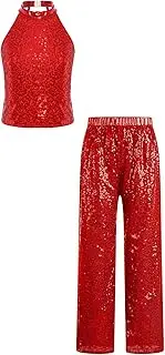 [Loodgao] Kids Girls 2-Piece Hip Hop Dance Outfits Shiny Sequins Sleeveless Halter Neck Crop Tops with Pants Set