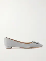 [Manolo Blahnik] Manolo Blahnik - Hangisi Crystal-embellished Glittered Satin Point-toe Flats - Silver - IT39 IT 39 Silver