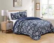 Luxury Home Collection 2 Piece Twin/TwinXL Quilted Reversible Coverlet Bedspread Set Floral Printed Navy Blue White Gray