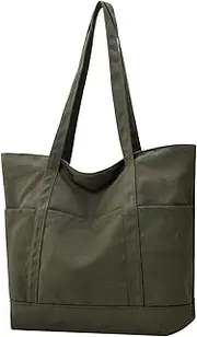 Muka Large Canvas Tote Bag with Multiple Pockets, 16oz Heavy Duty Zipper Shoulder Bag (Army Green)
