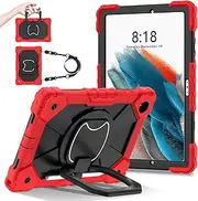 Full Protective Case Tablet Case Compatible with Samsung Galaxy Tab A8 10.5 Inch X200 / X205 (2021) Heavy Duty Shockproof Cove Protective Case W 360 Swivel Kickstand+Hand Strap+Shoulder Strap(Red+Blac