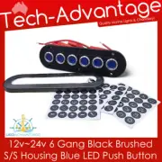 12v~24v 6 Gang Black Stainless Steel Housing Push Blue LED Button Switch Panel
