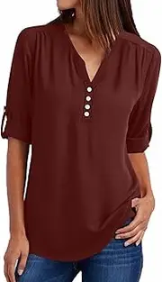 [Sczwkhg] Womens Tops 2024 Trendy Casual Flowy Roll Up Sleeve V Neck Button Collar Shirts Fashion Chiffon Going Out Blouse Top