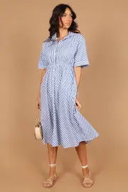 [PUP49] Finn Collared Midi Dress - Blue Stripe XS Blue