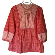 Boden Pink Coral Peasant Shirt Blouse Split Neck Pompom Tie Women 14 NEW