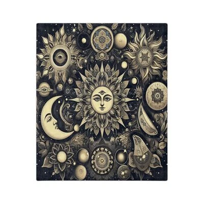 Sun and Moon Celestial Velveteen Microfiber Blanket in Black and Gold