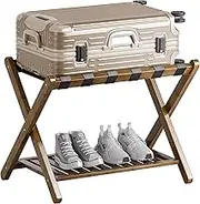 SMIBUY Luggage Rack, Foldable Bamboo Suitcase Stand with Storage Shelf for Guest Room, Bedroom, Hotel, Heavy-Duty (Walnut)