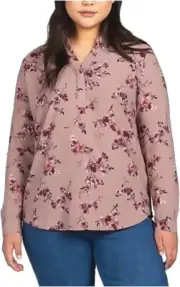 Hilary Radley Womens Long Sleeve Polyester V-Neck Blouse - Pink Floral - XXL
