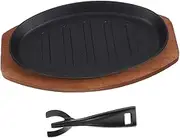 HEALEEP 1 Set Sizzling Steak Plate: Steak Griddle Pan Iron Cookware for Grilling Frying Sizzling Plate with Fork - Wooden Base Griddle