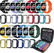 15 Pack Band Case Compatible with Apple Watch Bands 40mm 41mm 42mm 44mm 45mm 46mm Women Men, Soft Silicone Strap with Screen Protector Case&Storage Organizer for iWatch Series 10 9 8 7 6 5 4 SE SE2