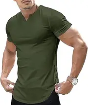 [TrndTrsure] Men's Running Work Short Sleeve Fit Male Exercise Stretch Tee Top Muscle Slim V-Neck Longline Henley Shirt, Green, Large