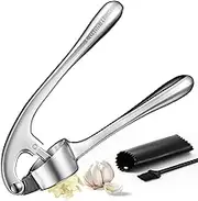 Garlic Press Mincer Crusher Peeler Chopper Garlic Puree Mashed Maker with Silicone Peeler Roller and Cleaning Brush,Zinc Alloy Heavy Soft-Handled 17x4.5cm Silver