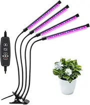 VerdeRoot 4-Head LED Grow Light with Clip, Full Spectrum Plant Light for Indoor Plants, 9 Dimmable Levels, 3 Timer Settings, USB Powered, Adjustable Gooseneck