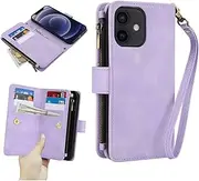 GoshukunTech for iPhone 12 mini Wallet Case with 9 Card Holders,for iPhone 12 mini Case Zipper Coin Pocket PU Leather Flip Cover Kickstand Protective Phone Purse with Wrist Strap-Purple