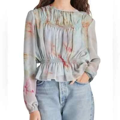 Steve Madden NWT Womens Peplum Top Boho Peasant Pyper Ruched Satin Misty Rose XS