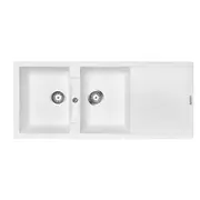 CARYSIL Jazz Granite Kitchen Sink - 1160 x 500mm Double Bowl with Drainer - Snova White - Top Mount