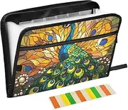 Quteprint 13 Pockets Expanding File Folder with Zipper Closure, Indian Peacock Accordion File Folder with Sticky Labels, Letter Size A4 Papers Expandable File Document Organizer