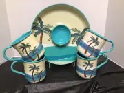 Towle Palm Breeze Chip Vegetable Dip 12" Tray Palm and 4 Matching 16 oz Mugs