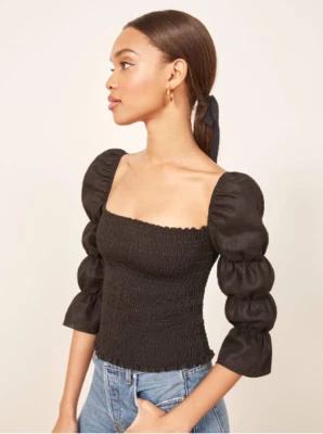 NWT Reformation Gala Linen Smocked Puffed 3/4 Sleeve Black Top size M