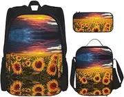 [StOlmx] 3 Pcs Set Backpack,Waterproof Bookbag, Insulated Lunch Bag & Pencil Case Pouch, Travel,Hiking,Sunflower Print, Sunset Sunflower, One Size
