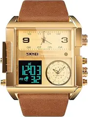[SKMEI] Men's Digital Sports Watch, LED Square Large Face Analog Quartz Wrist Watch with Multi-Time Zone Waterproof Stopwatch