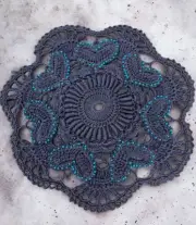 8” Charcoal Gray Crochet Heart Doily With Turquoise Seed Bead Accents