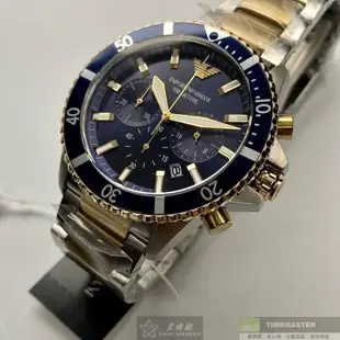 ARMANI手錶, 男錶 44mm 寶藍圓形精鋼錶殼 寶藍色三眼, 中三針顯示, 運動, 水鬼, 可旋轉錶面款 AR00042