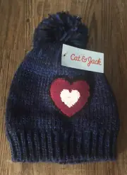 Cat & Jack New Hat Beanie Pompom Navy Sequin Heart Girl’s OSFM Blue, Pinks Pom