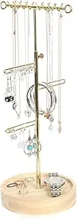 J JACKCUBE DESIGN Jewelry Tree Stand Organizer, with Adjustable Height Gold Metal Bar and Wooden Tray Storage Display Holder for Necklace, Earring, Bracelet and Ring- MK663A (Gold)